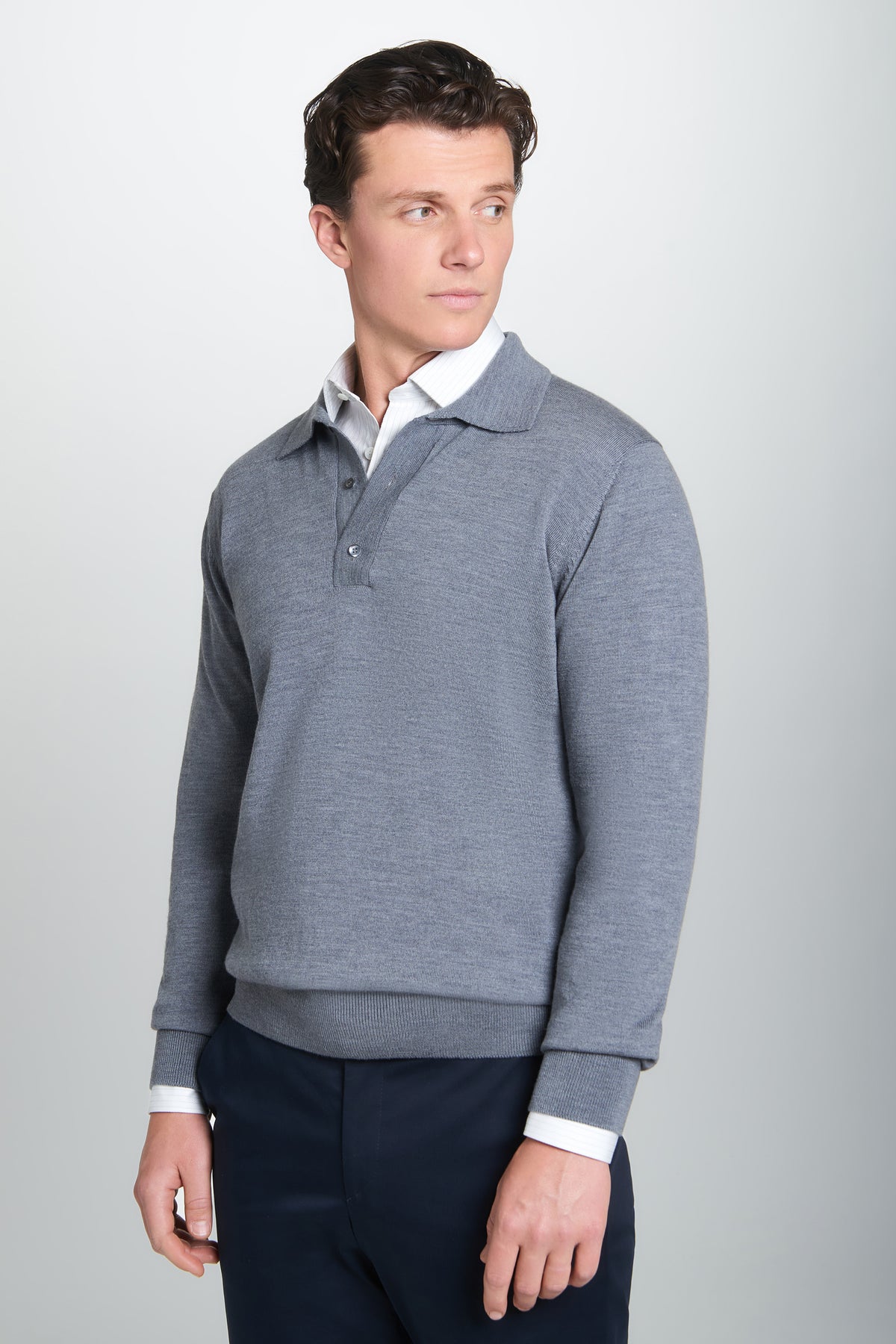 Pale Grey Merino Wool Long Sleeve Polo Shirt