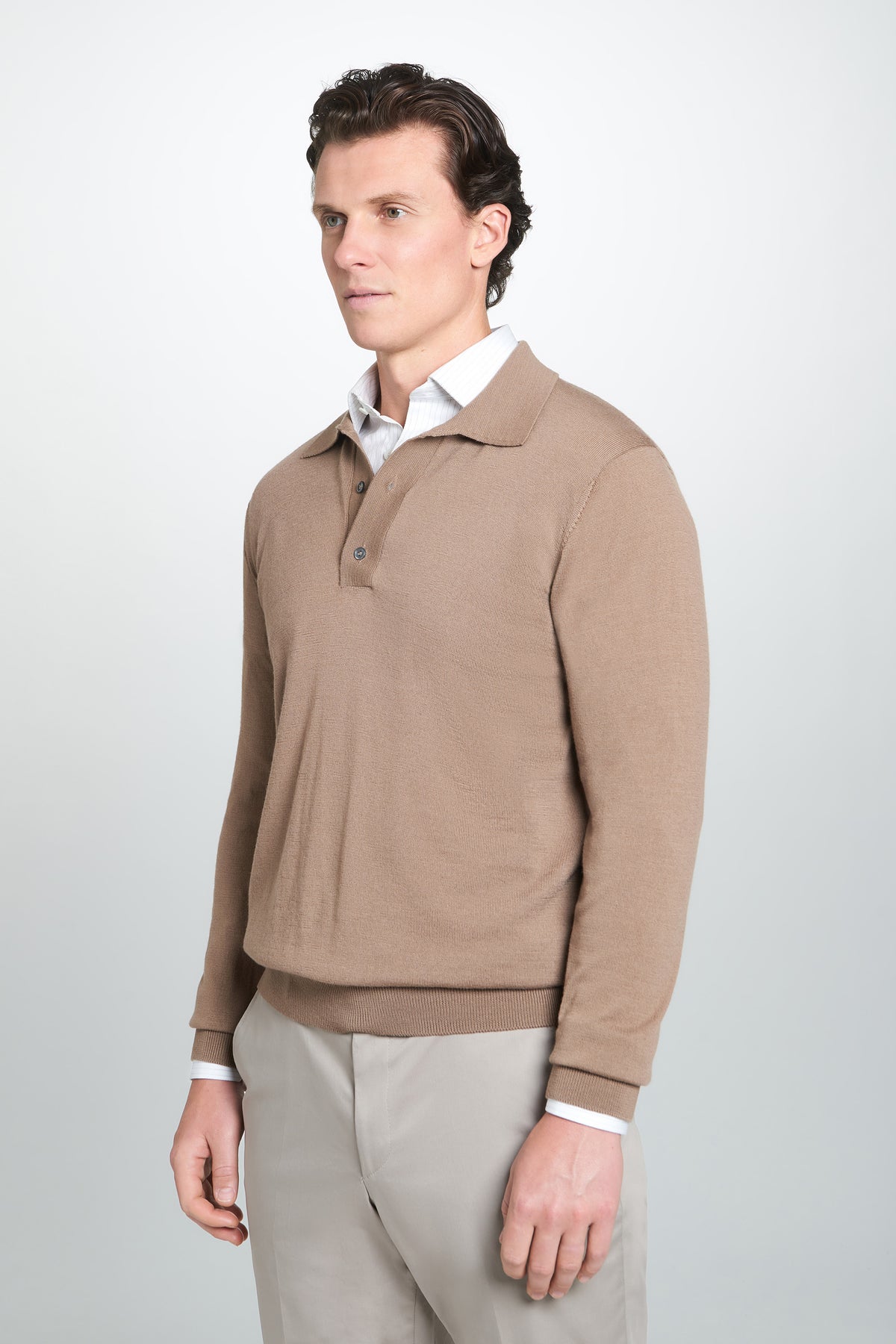 Camel Merino Wool Long Sleeve Polo Shirt