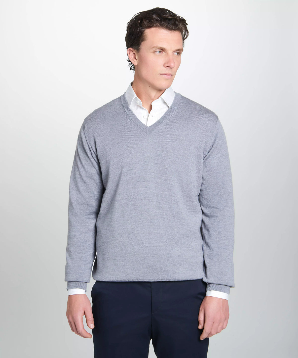Pale Grey Merino Wool V-Neck Sweater