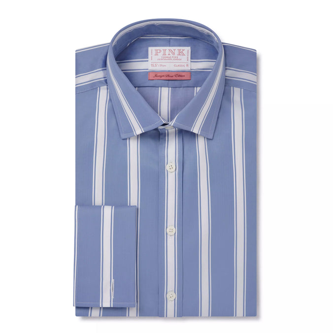 Blue & White Classic Fit Double Cuff Downing Stripe Twill Formal Shirt