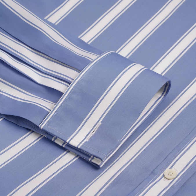 Blue & White Classic Fit Double Cuff Downing Stripe Twill Formal Shirt