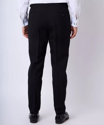 Black Tailored Fit Merino Wool Flat Front Evening Trousers